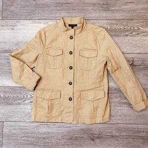 Talbots Jacket Womens Medium Tan Utility Safari Button Front 100% Cotton Khaki